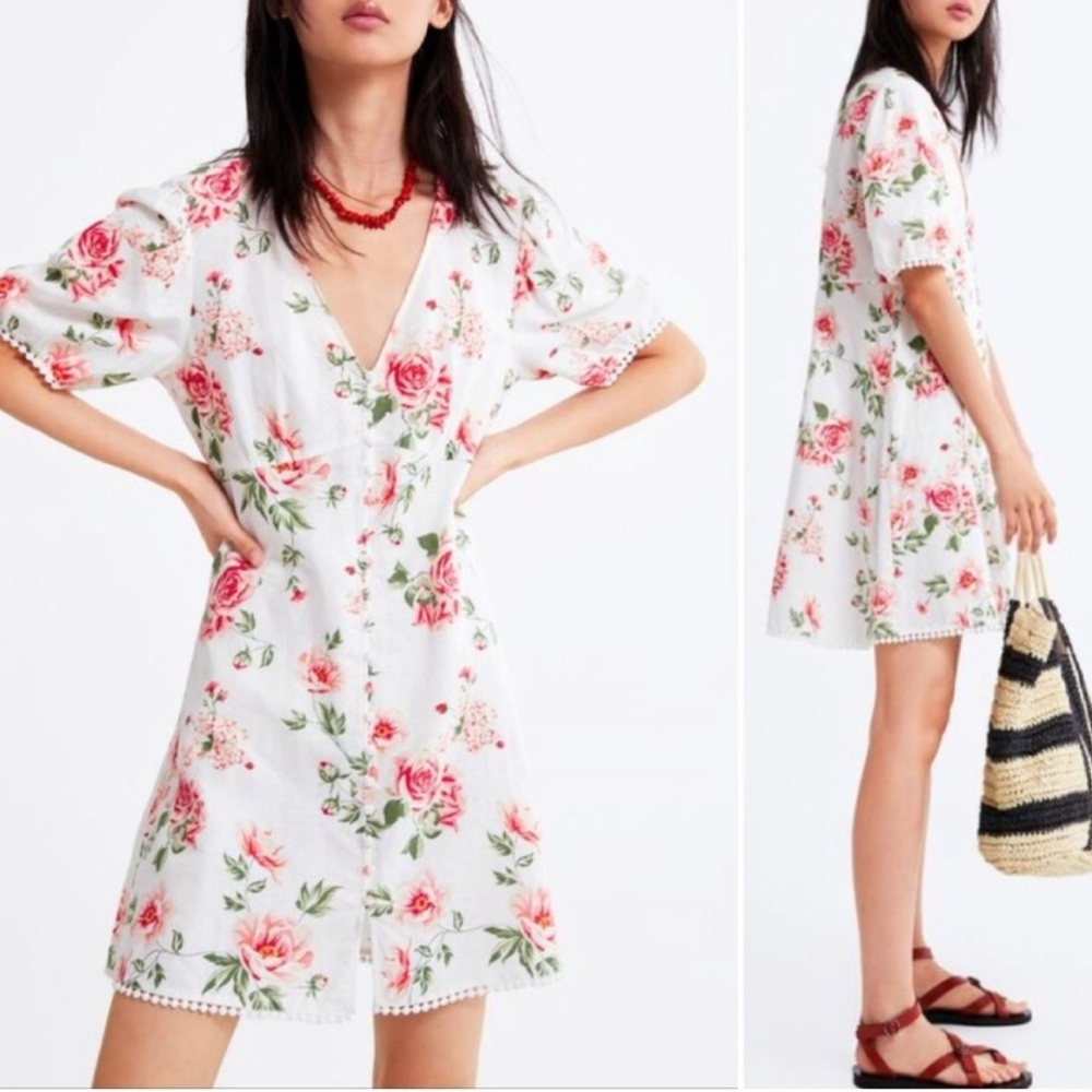 Zara Floral Mini Dress Linen Blend White Sz Large